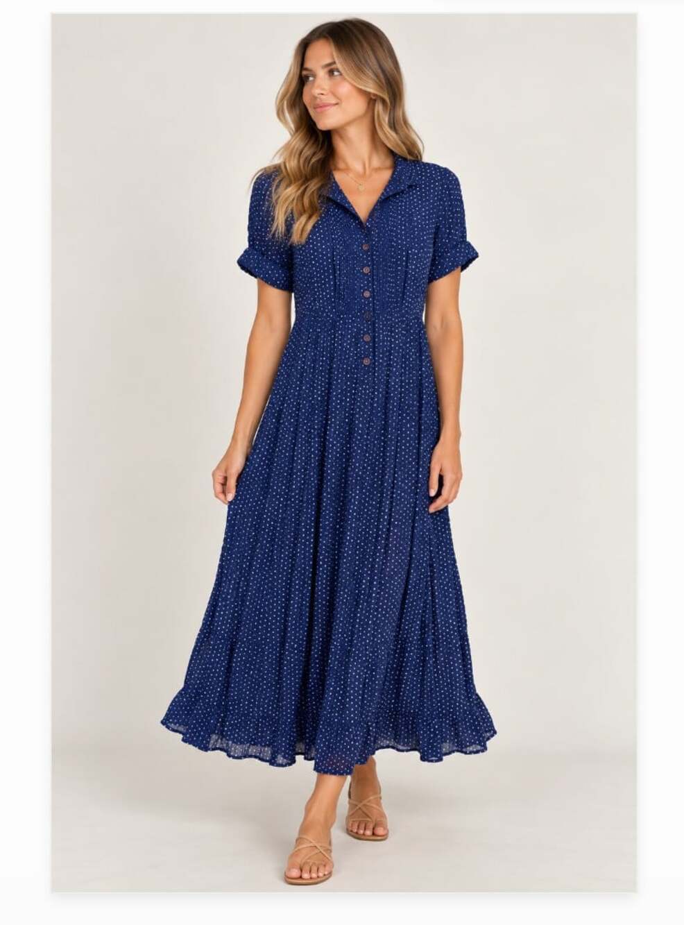 April Cornell Shirt Dress Womens XS Blue Polka Dot Collared Button Maxi Casual